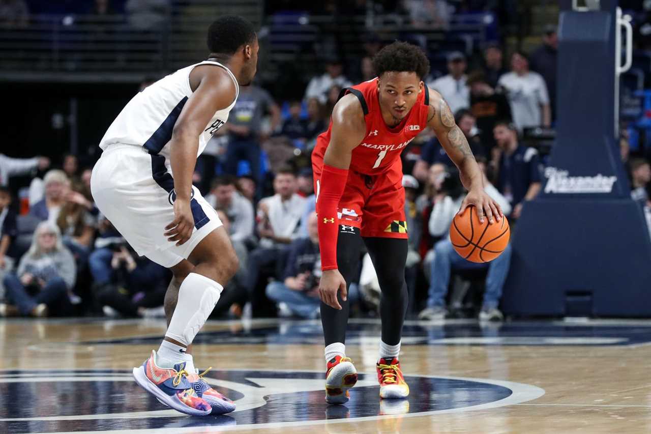 Maryland Terrapins guard Jahmir Young (1) dribbles the ball as Penn State Nittany Lions guard Kanye Clary (0) defends during the second half at Bryce Jordan Center.