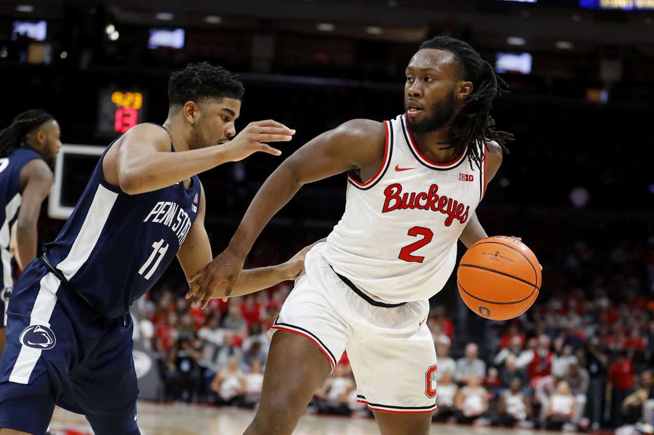 Ohio State Buckeyes guard Bruce Thornton (2) controls the ball as Penn State Nittany Lions guard Camren Wynter (11) defends on the play during the second half at Value City Arena.