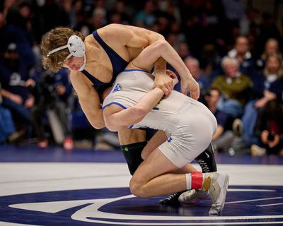 Levi Haines bullying his way to a pin.