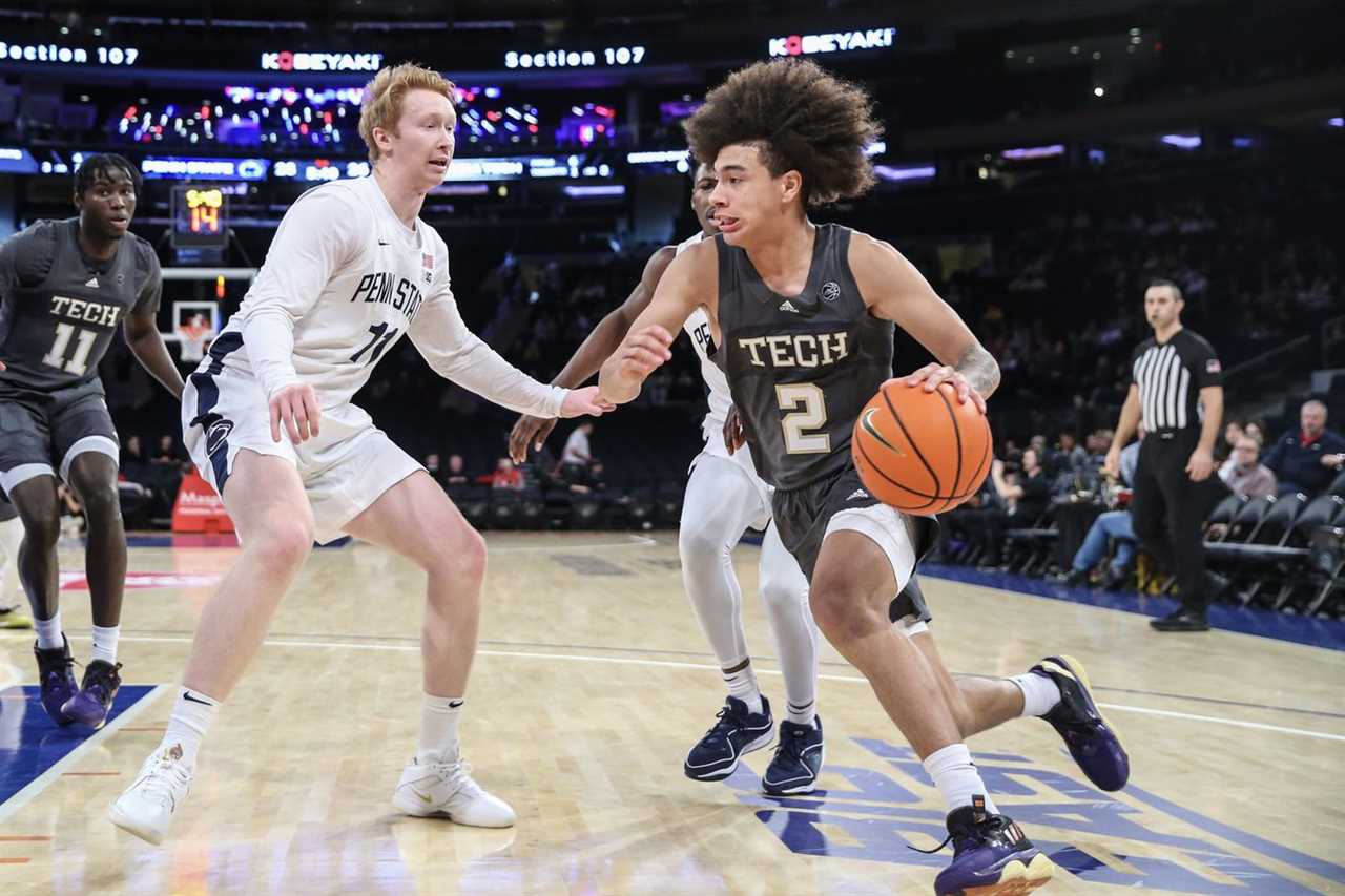 Georgia Tech Yellow Jackets guard Naithan George (2) drives past Penn State Nittany Lions forward Leo O’Boyle (11) in the first half at Madison Square Garden.