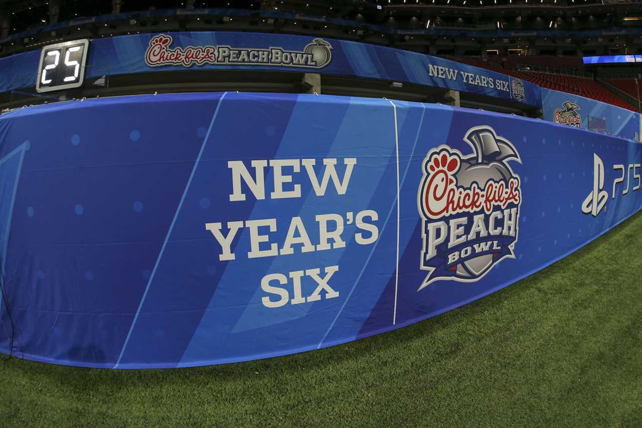 Detailed view of the Chick-fil-A Peach Bowl logo before a game between the Pittsburgh Panthers and Michigan State Spartans at Mercedes-Benz Stadium.