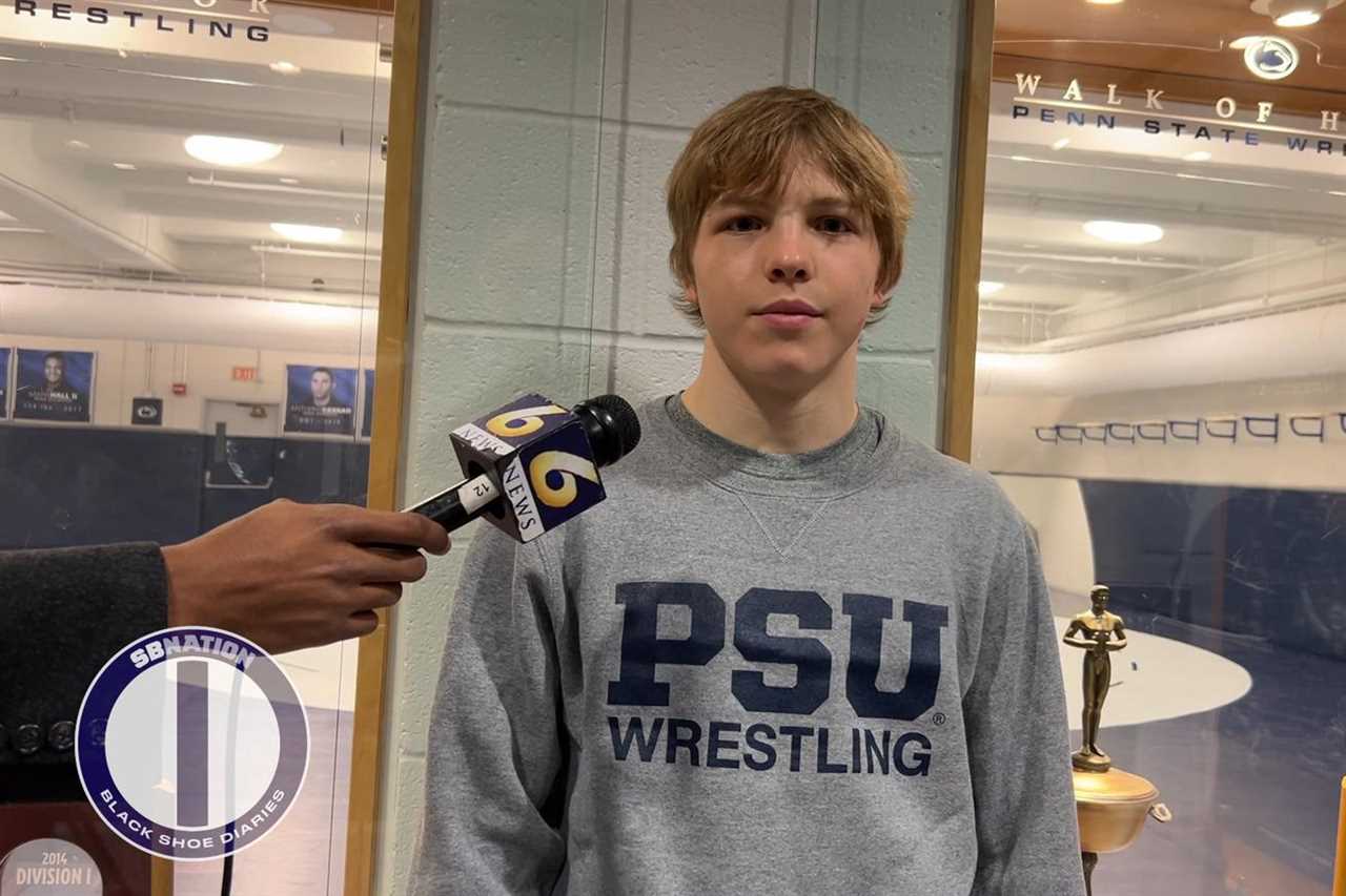 Braeden Davis talks to the media outside the Penn State Wrestling Room 1/2/2024