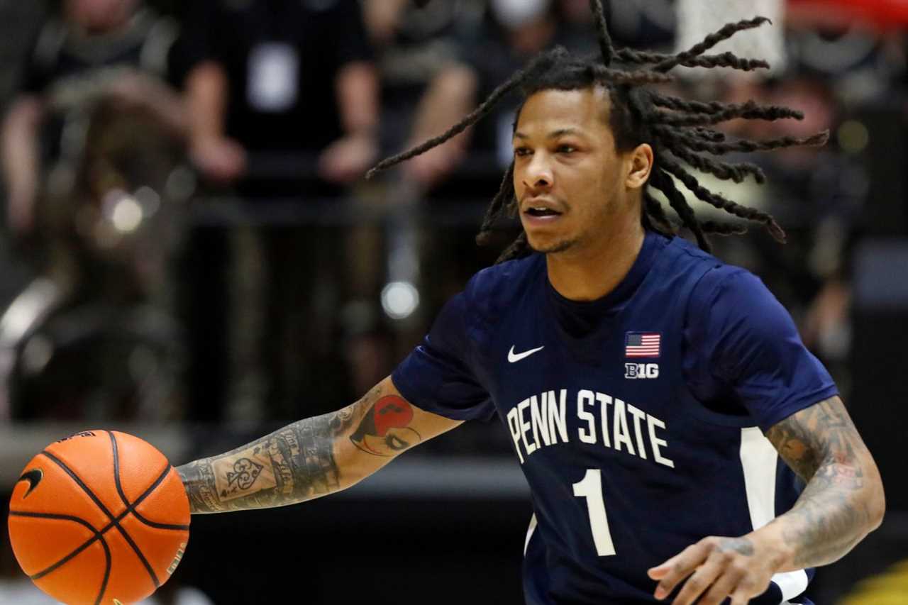 Penn State Nittany Lions guard Ace Baldwin Jr. (1) drives to the basket during the NCAA men s basketball game against the Purdue Boilermakers, Saturday, Jan. 13, 2024, at Mackey Arena in West Lafayette, Indiana.