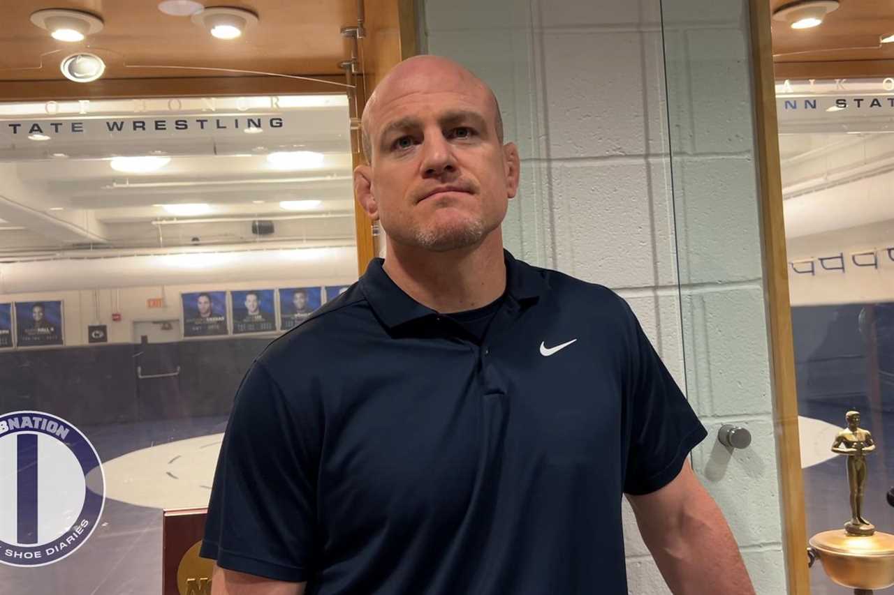 Cael Sanderson talks to the media outside the Penn State Wrestling Room 1/16/2024