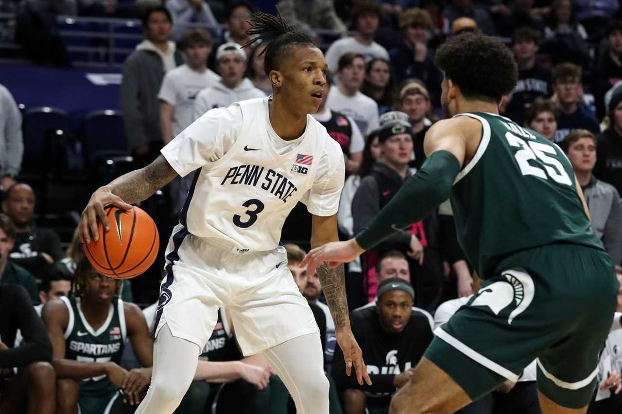 Penn State Nittany Lions guard Nick Kern Jr (3) dribbles the ball as Michigan State Spartans forward Malik Hall (25) defends during the first half at Bryce Jordan Center.