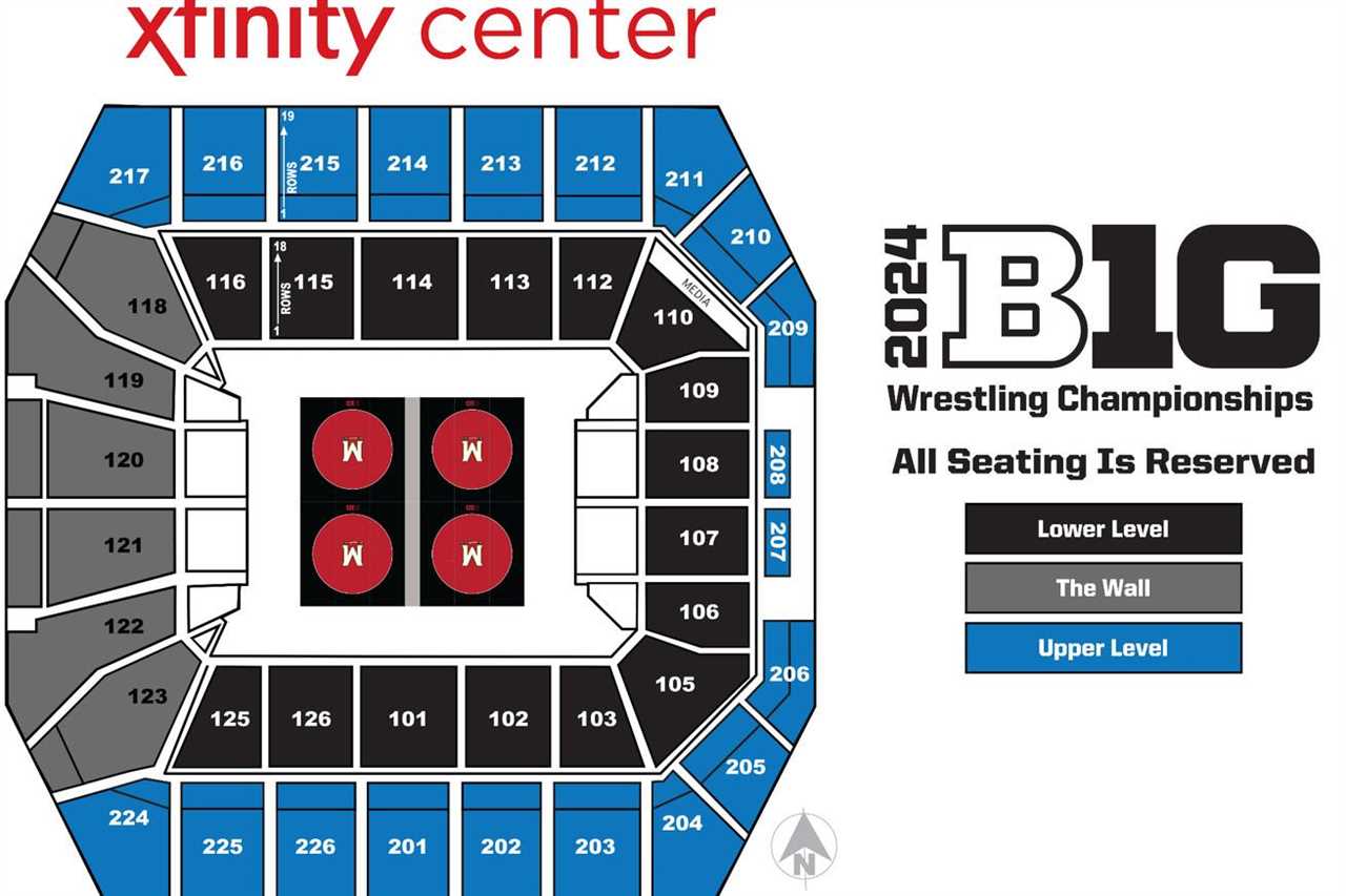 Xfinity Center wrestling seating for the 2024 Big Ten Tourney.