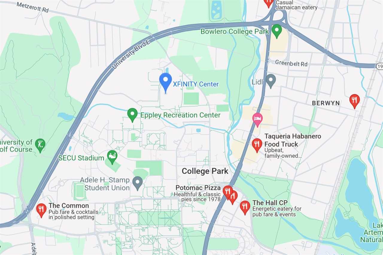 Restaurants in the vicinity of Xfinity Center, via Google Maps.