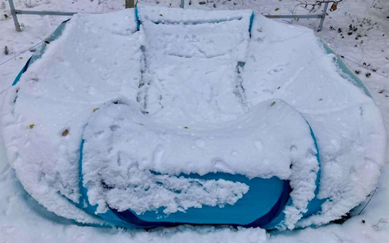 A few inches of wet snow didn't break the Coleman instant tent.